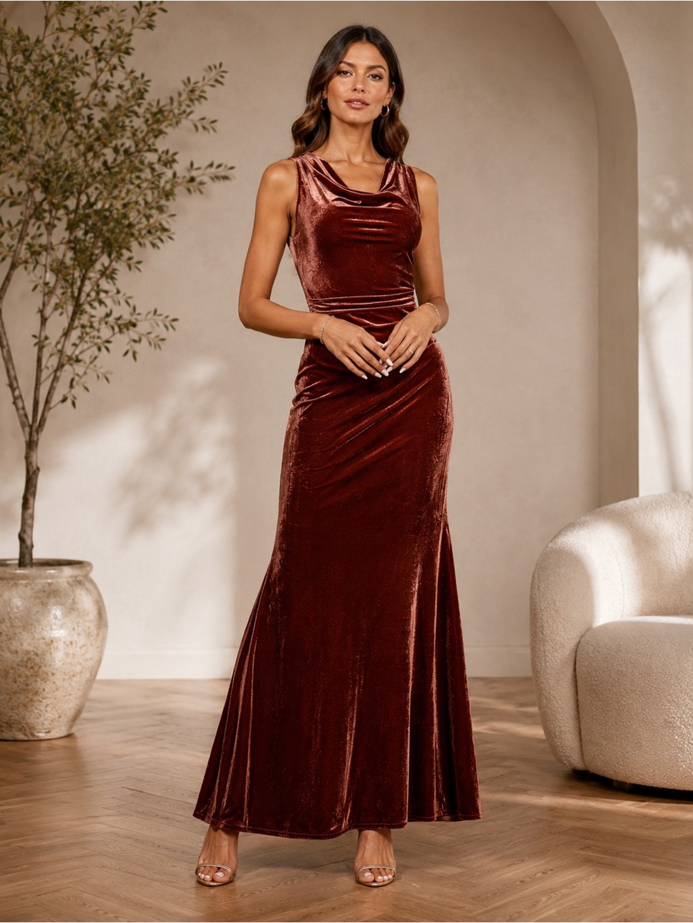 Brownish Red Velvet Cowl Neck Maxi Dress - Picture 7 of 9